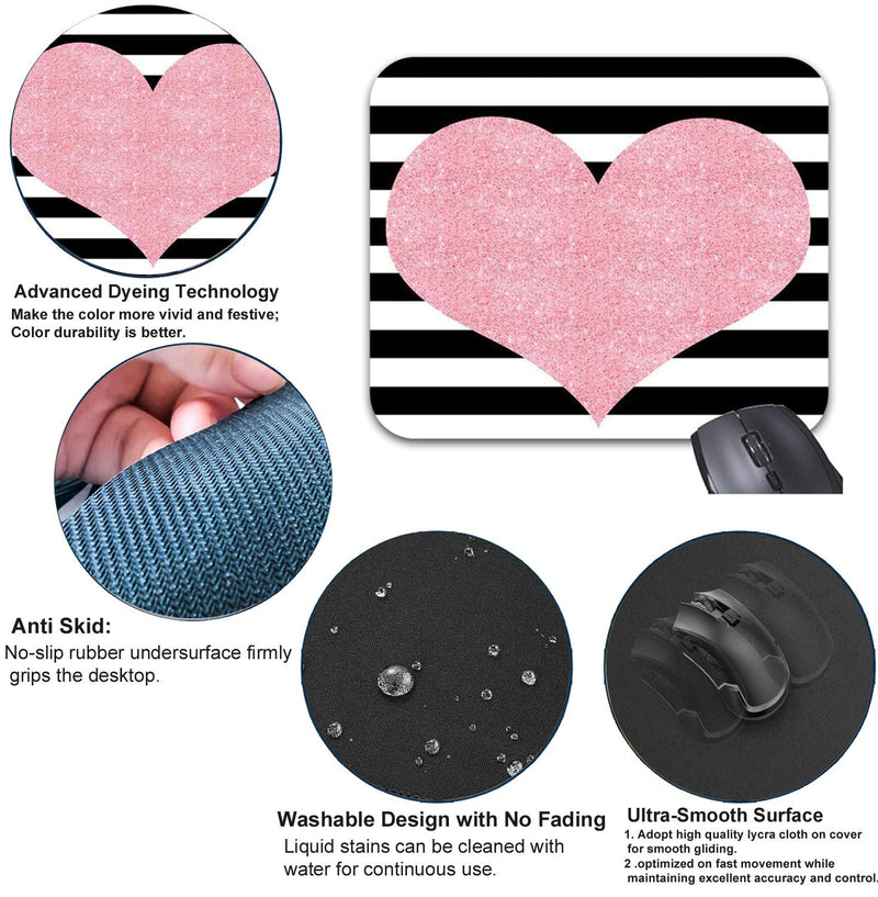 Pink Glitter Heart Black White Striped Mouse Pads Stylish Office Accessories(9 x 7.5inch) 9 X 7.5"