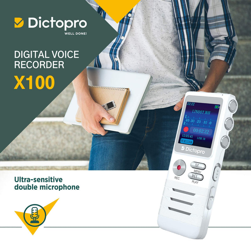 Digital Voice Activated Recorder by Dictopro- Easy HD Recording of Lectures and Meetings with Double Microphone, Noise Reduction Audio, Sound, Portable Mini Tape Dictaphone, MP3, USB, 8GB