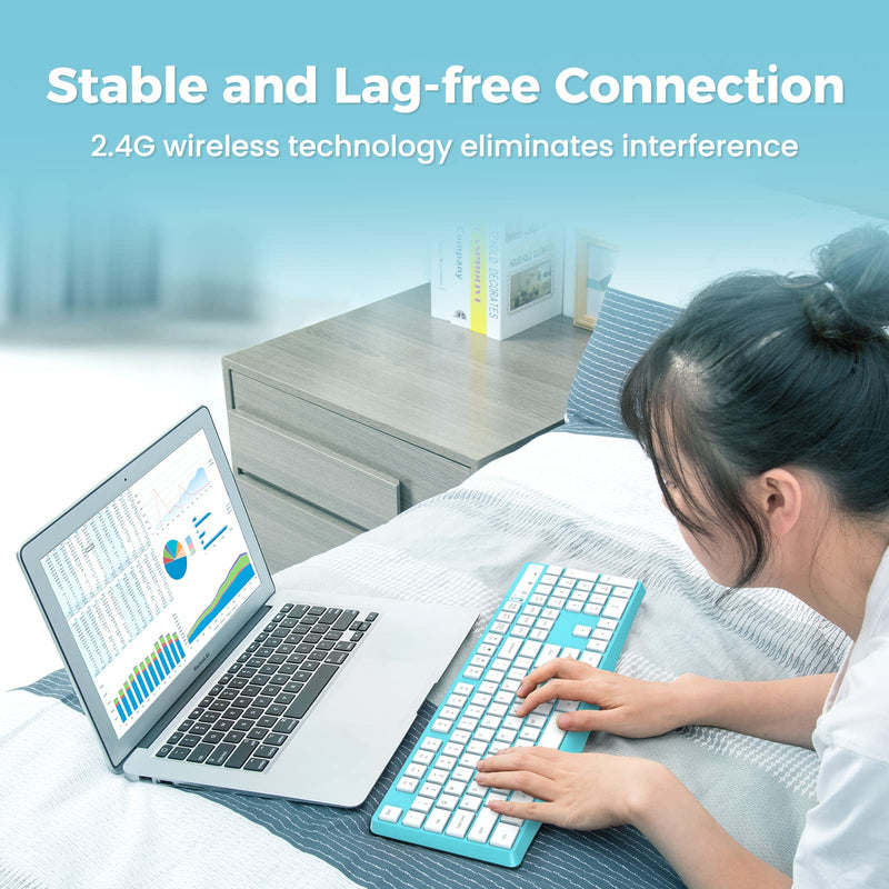 Lovaky Wireless Keyboard, 2.4G Ergonomic Wireless Computer Keyboard, Enlarged Indicator Light, Full Size PC Keyboard with Numeric Keypad for Laptop, Desktop, Surface, Chromebook, Notebook, Sky Blue 1 Pack