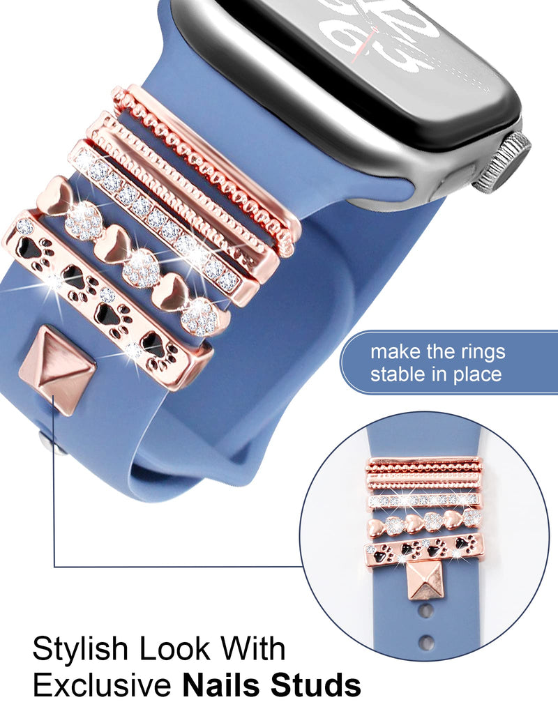 JR.DM 13 Piece Rose Gold Apple Watch Charms With 10-Pcs Decorative Rings Loops & 3-Pcs Classic Clasp, Compatible With Smart Watch 38mm 40mm 41mm 42mm 44mm 45mm Metal Diamond Sliding Strap Accessories for iWatch Series 8 7 6 5 4 3 2 1 (No Watch Band)