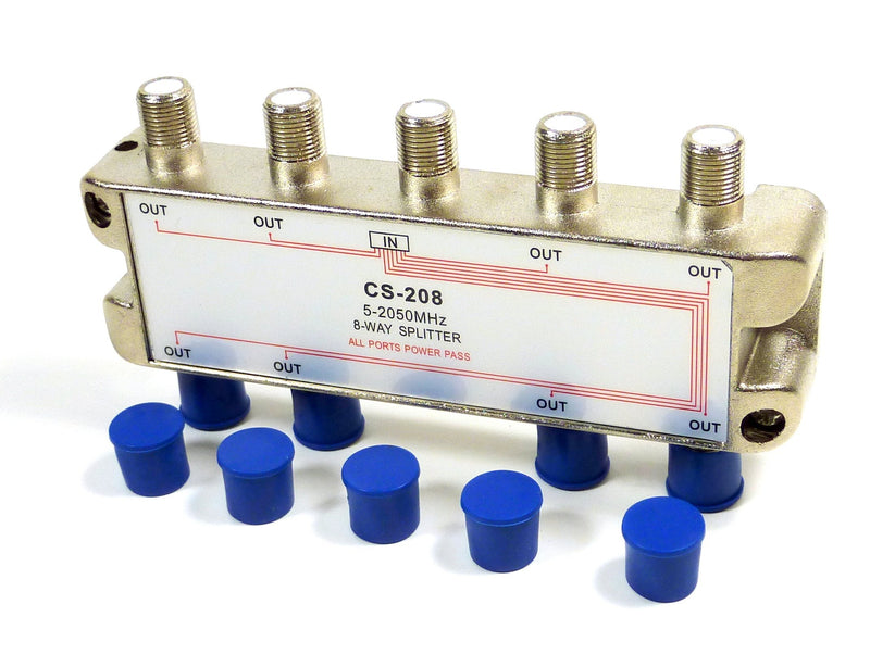 Philmore 2GHZ High "Q" 8-Way Low Loss Coaxial Satellite TV Signal Splitter With Weather Caps, Commercial Grade; CS208