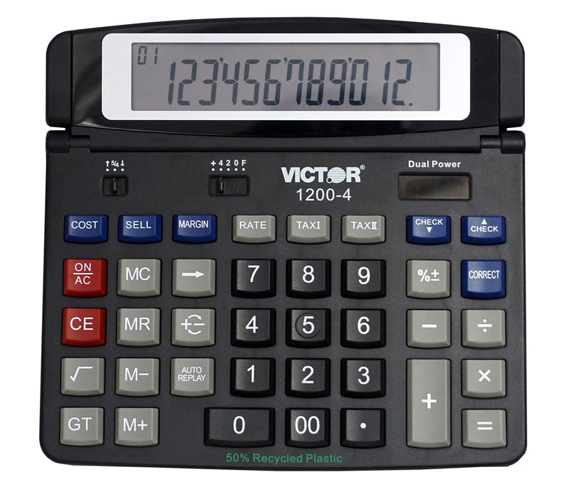 Victor 1200-4 12-Digit Large Professional Desktop Calculator, Battery and Solar Hybrid Powered Tilt LCD Display, Great for Home and Office Use, Black 1-Pack