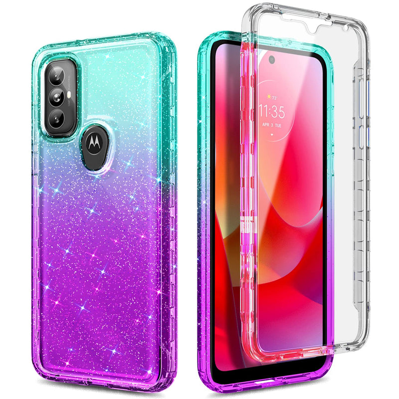 NZND Case for Motorola Moto G Power 2022 with [Built-in Screen Protector], Full-Body Protective Shockproof Rugged Bumper Cover, Impact Resist Durable Phone Case (Glitter Aqua/Purple) Glitter Aqua/Purple