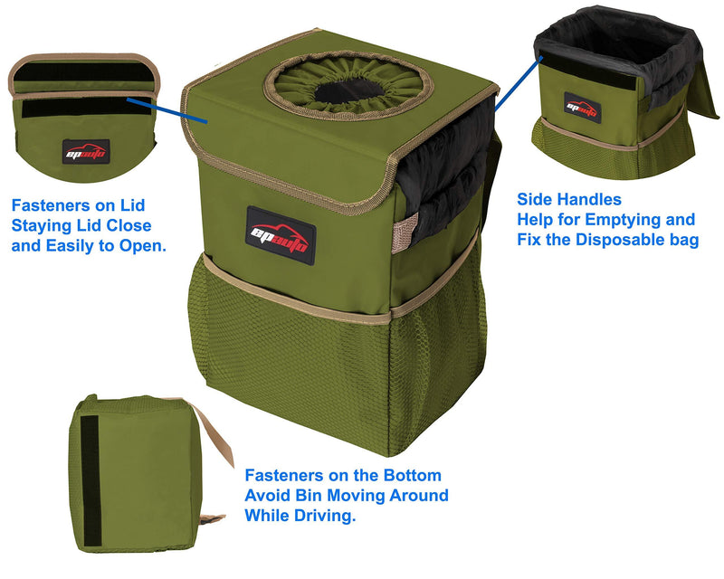 EPAuto Waterproof Car Trash Can with Lid and Storage Pockets, Green