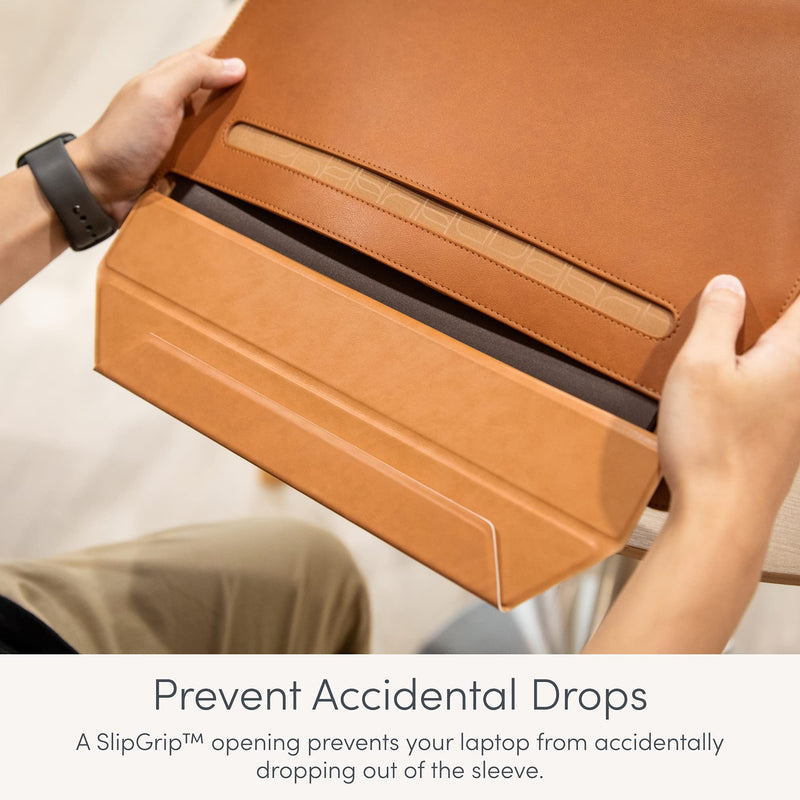Moshi Muse Laptop Sleeve with Folding Stand for 13" MacBook/Laptop, Ergonomic 15-Degree Convertible Stand, Vegan Leather, Zipper-Less Magnetic Design, Microfiber Inner Lining, Caramel Brown