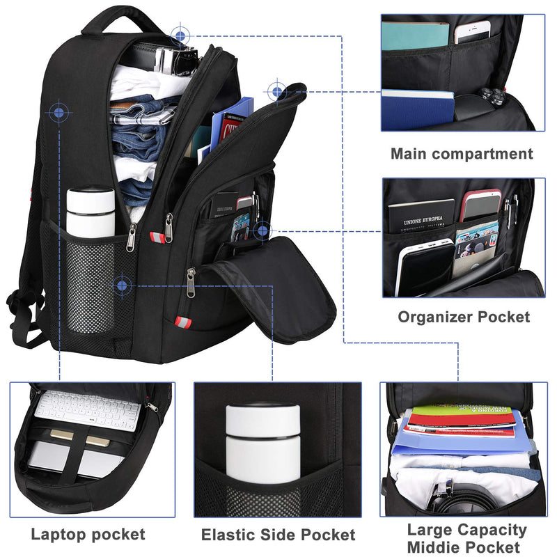 Travel Laptop Backpack,Extra Large Anti Theft College School Backpack for Men and Women with USB Charging Port,Water Resistant Big Business Computer Backpack Bag Fit 17 Inch Laptop and Notebook,Black Black