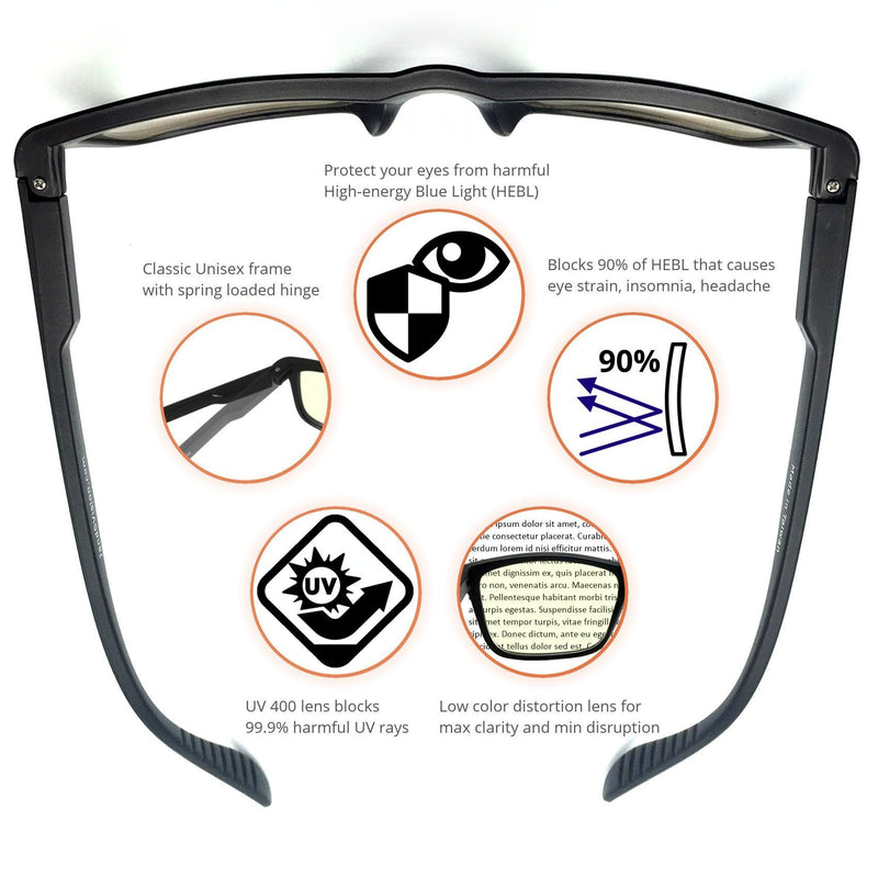 J+S Vision Blue Light Shield Computer/Gaming Glasses - 0x Magnification Classic Rectangle Frame Low Color Distortion Lens - Black Frame