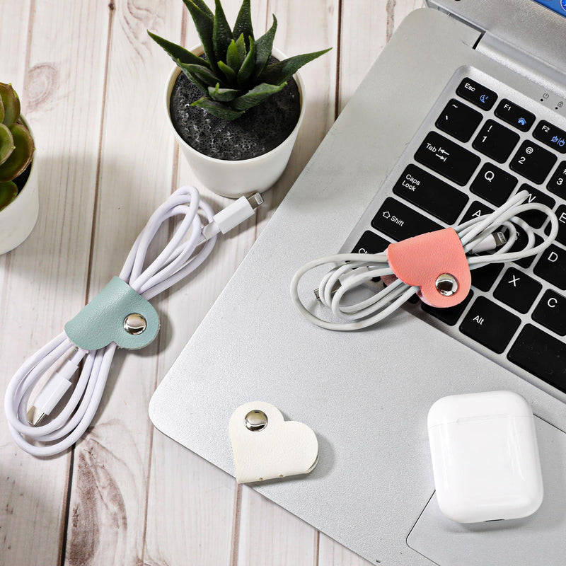 KALIONE Heart Cord Winder, 3 Pack Wrap Winder Manager, USB Cable Organizer Storage, PU Leather Earphones Storage Straps, Portable Bag Charging Cable Holder, Cute Headphone Case Gifts for Women Girls