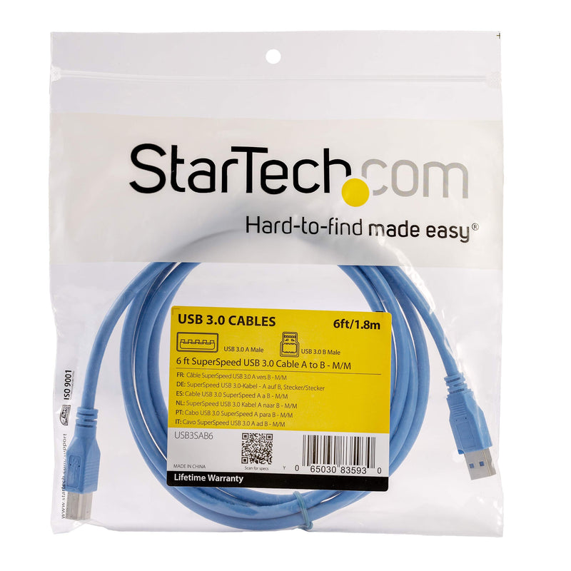 StarTech.com 6 ft / 2m SuperSpeed USB 3.0 Cable A to B - 1 - USB 3.0 A (Male) to 1 - USB 3.0 B (Male) (USB3SAB6), Blue