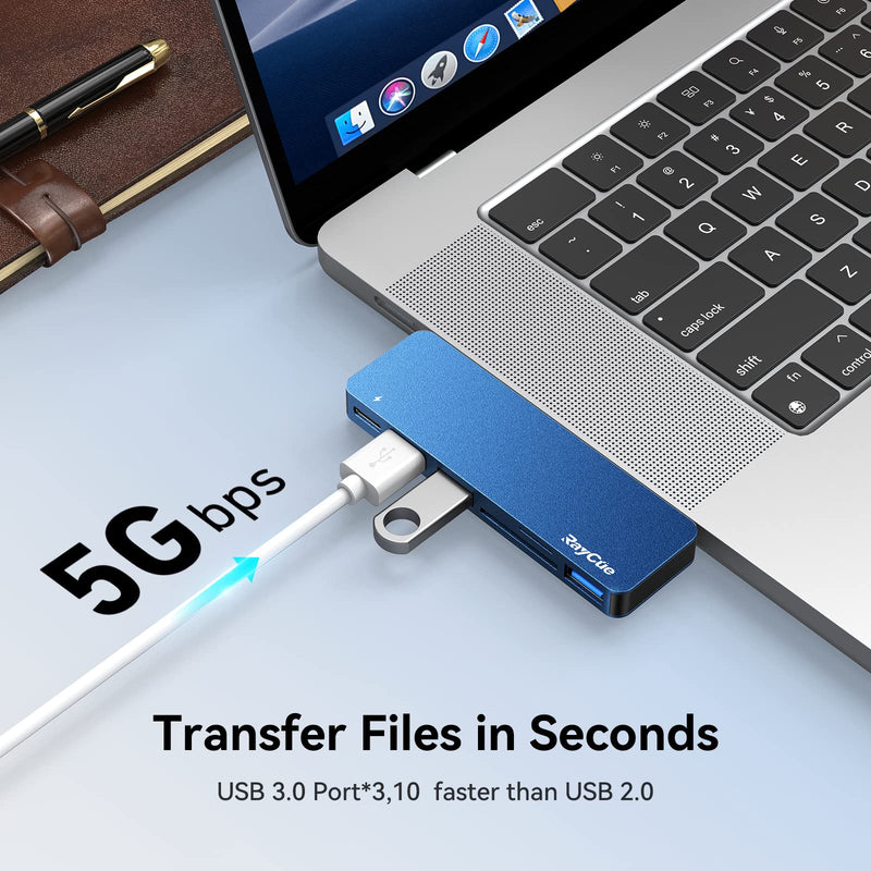 USB C Adapter for MacBook Pro/Air 2022 2021 2020, RayCue USB-C Accessories, Mac Adapter with 3 USB 3.0 Ports, USB C to SD/TF Card Reader, and 100W Thunderbolt 3 PD Port-Support MagSafe 3 Charging Blue