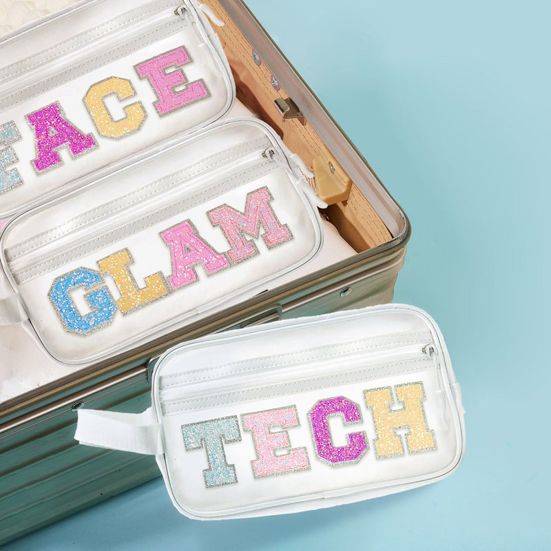COSHAYSOO Clear Electronic Accessories Storage Bag Preppy Letter Patch Travel Pouch for Women Teens Girls, Cable Cord Charger Phone Earphone Organizer Trendy Traveling Must Have Essentials (TECH) White-TECH