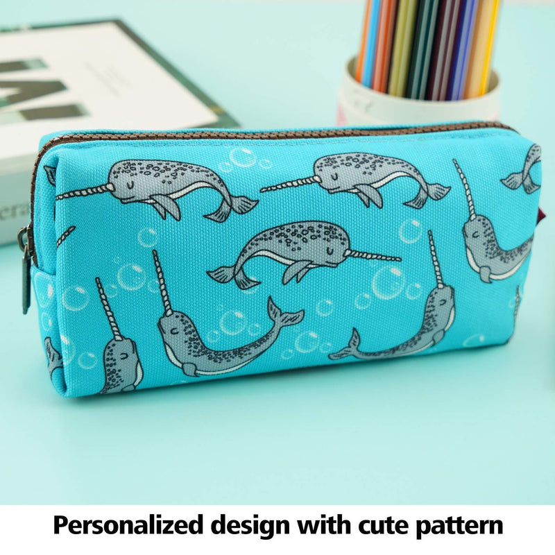 LParkin Cute Narwhal Canvas Pencil Case Pen Bag Pouch Stationary Case Gadget Makeup Cosmetic Bag Box Blue