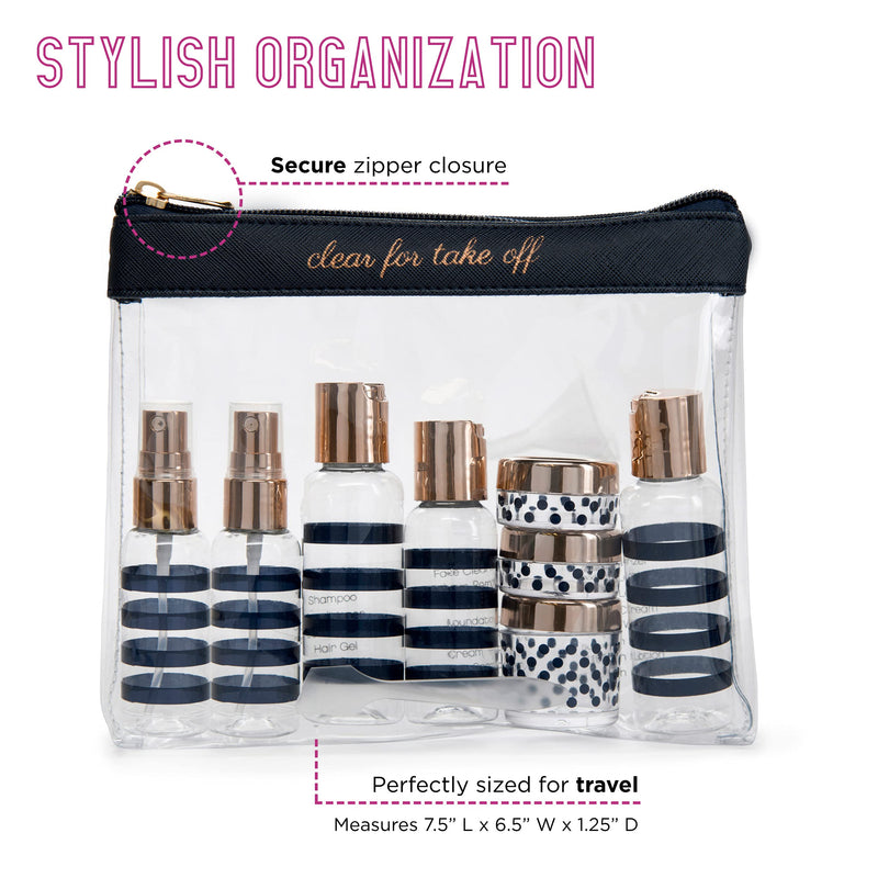 Miamica Women's TSA Compliant Travel Bottles and Toiletry Bag Kit, 12 Piece, Navy, One Size