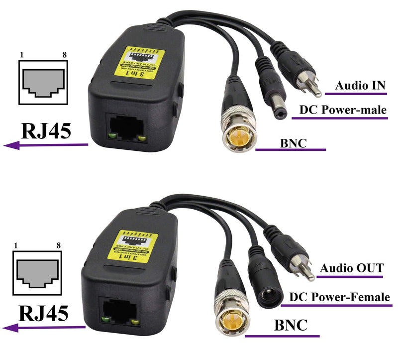 AAOTOKK BNC to RJ45 Transmitter Transceiver DC Power Passive Audio Video Balun HD-CVI/TVI/AHD/CVBS with DC Jack for 720P-1080P 3MP 4MP 5MP 8MP CCTV Security DVR Surveillance Camera System(19cm/4Pairs) 4Pairs