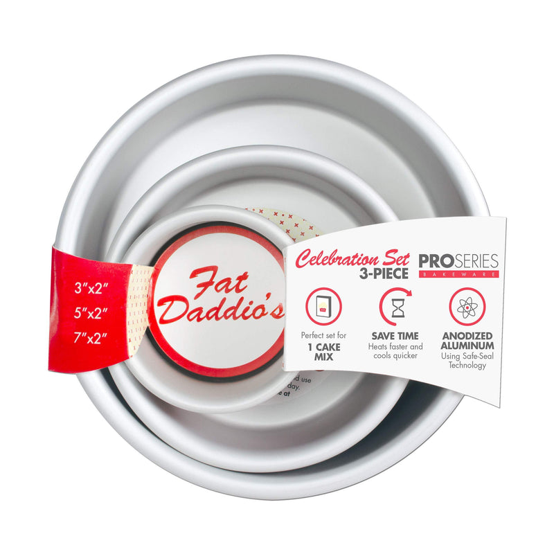 Fat Daddio's Anodized Aluminum Round Cake Pan Celebration Set, Set of 3, Silver, 1-Box Mix Sets 1-Box Cake Mix, Set of 3
