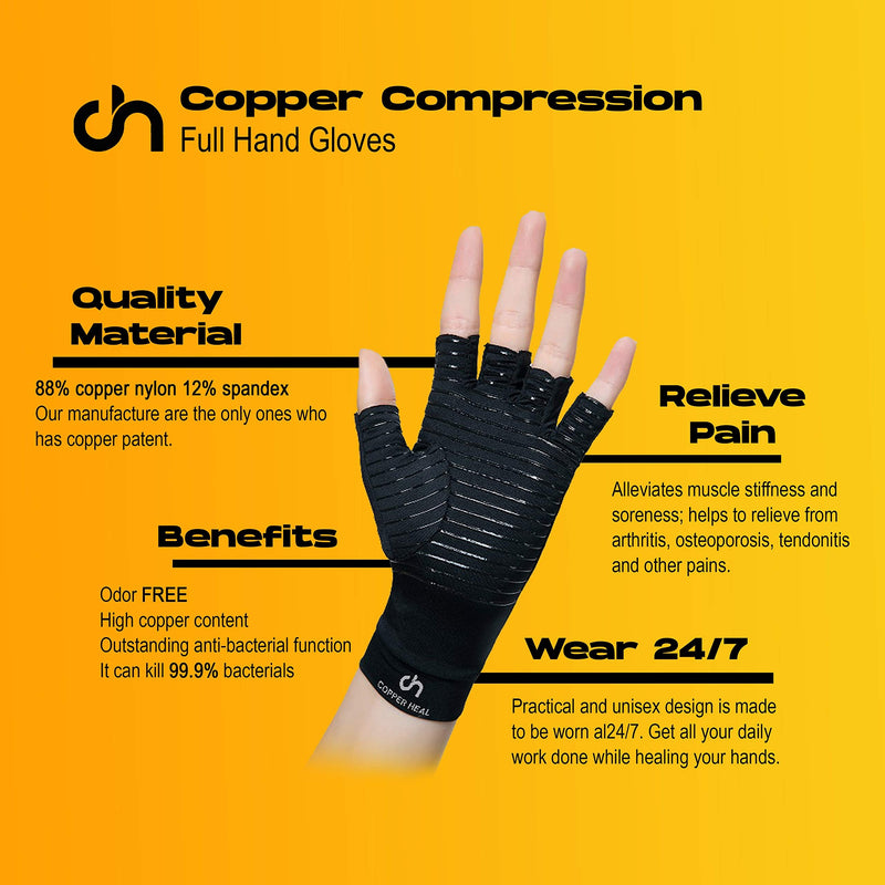 COPPER HEAL Arthritis Compression Gloves Rheumatoid Carpal Tunnel Glove Fingerless Pains Hands Support finger joint Small (1 Pair)
