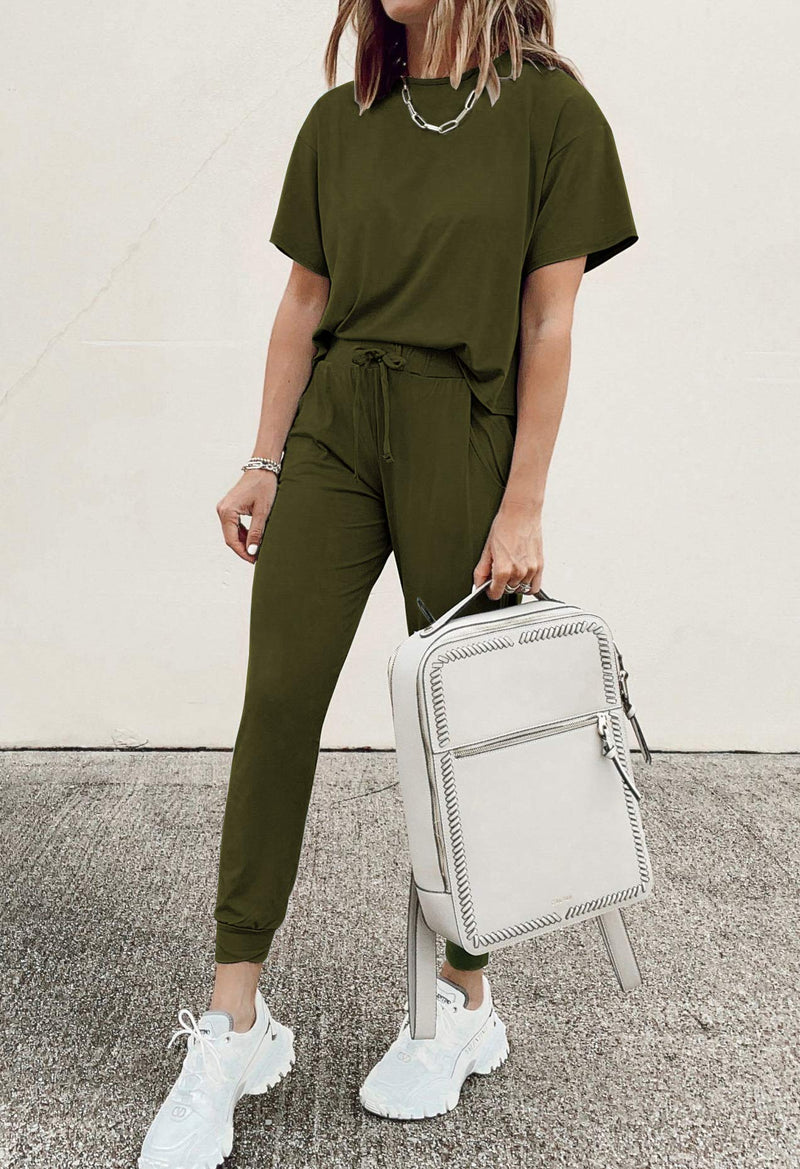 PRETTYGARDEN Women’s Two Piece Outfit Short Sleeve Pullover With Drawstring Long Pants Tracksuit Jogger Set Army Green Small