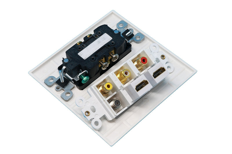 RiteAV - 2 x 15 Amp 125V Power Outlet 3 x RCA - 2 X HDMI and 1 x Coax Cable TV Port Wall Plate White Standard Power Outlet