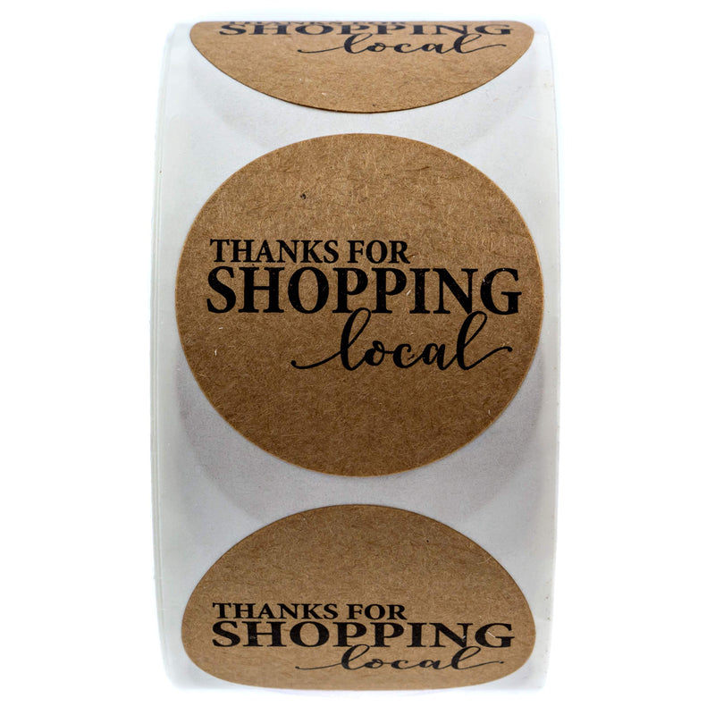 1.5" Round Kraft Thanks for Shopping Local Stickers / 500 Labels Per Roll