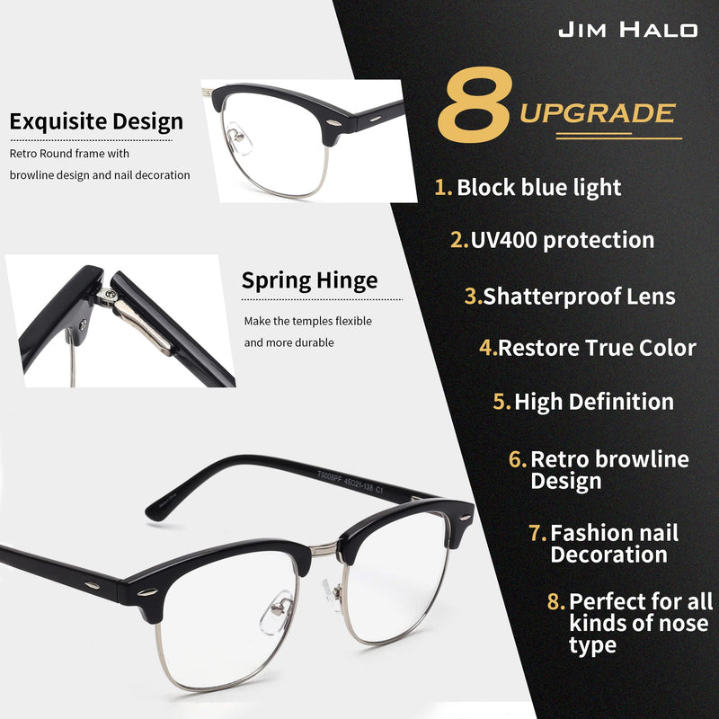 JIM HALO 2 Pack Blue Light Blocking Glasses, Round Computer/Gaming/TV/Phones Glasses Bluelight Blocker for Women Men Black/Silver +Demi/Gold