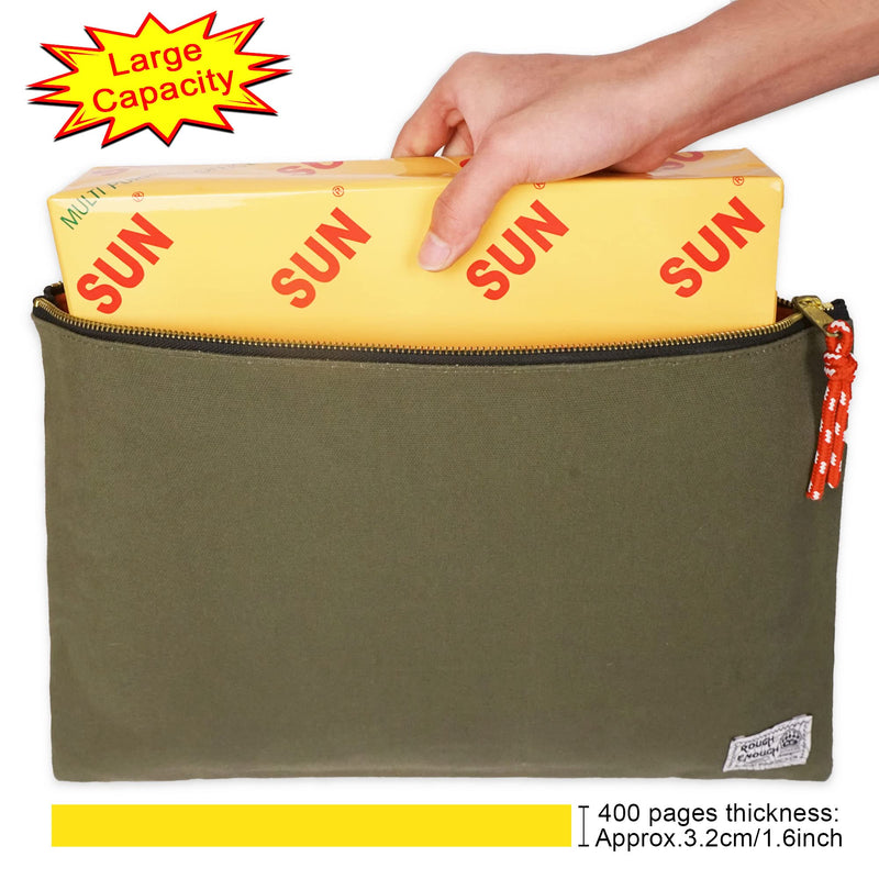 Rough Enough Document Organizer Storage File Holder Bag Zipper Pouch for Legal Size Paper Art Supplies in Army Green Waxed Canvas