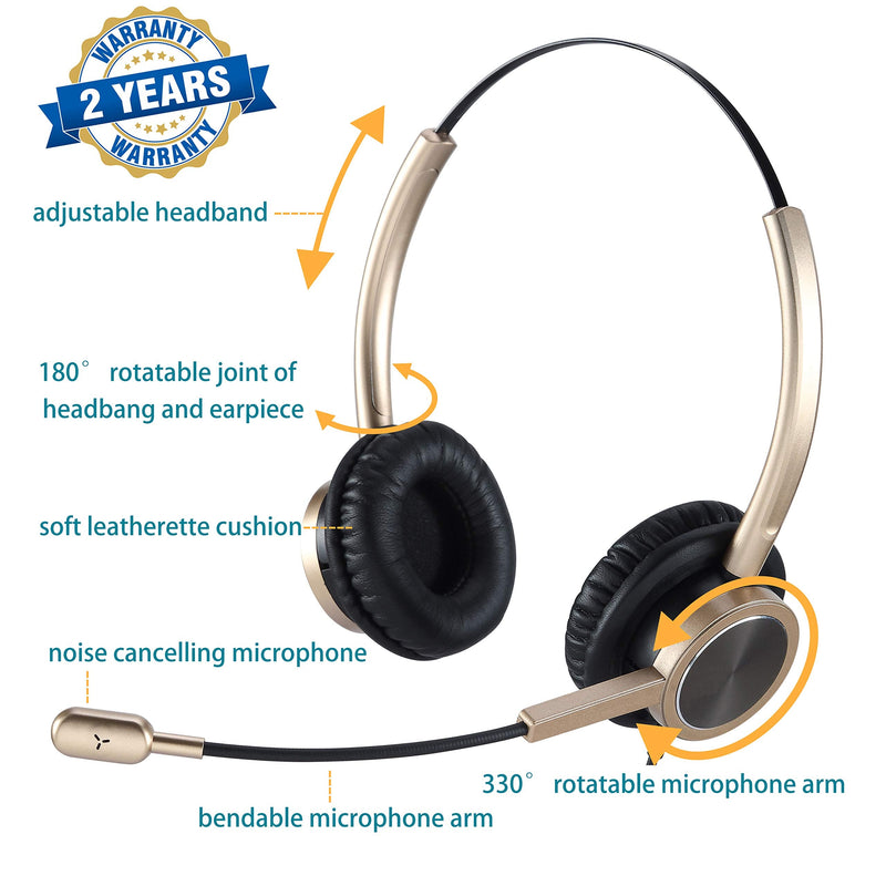 USB PC Headset for Zoom Conferencing, PC Video Call Headset with Mute Button, Teams Meeting Headset with Noise Cancelling Microphone & Volume Control, Online Teaching & Virtual Class Headset for Kids Gold Double Ear