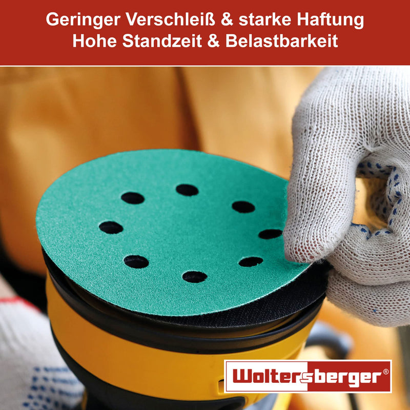 Woltersberger® 50 pieces eccentric sanding discs Ø 150mm | Grain P80 | 15 holes in green | Sandpaper for optimal sanding, versatile use 1