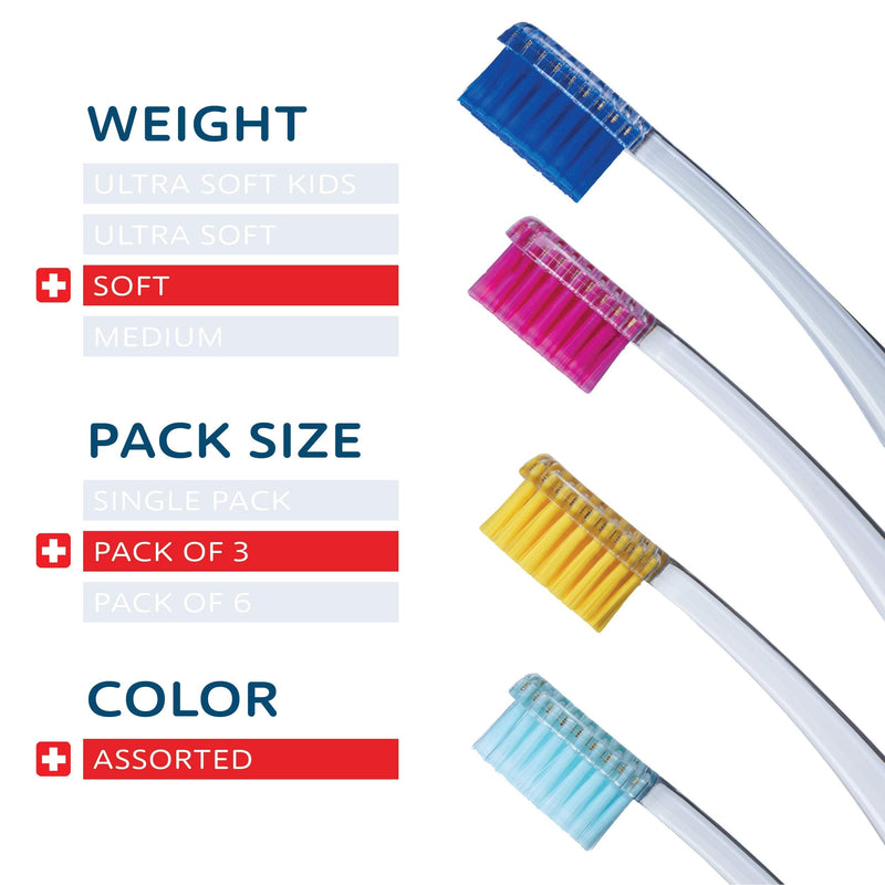 Tello 4920 Adult Soft Swiss Toothbrush for Gentle Cleaning with Ergonomic Handle, 3 Count