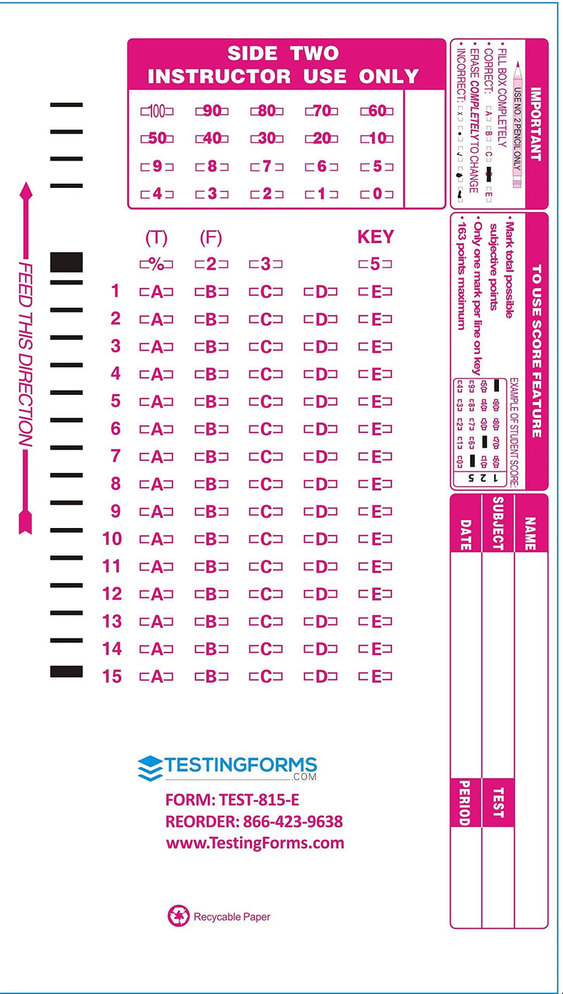TEST-815E Double Sided 815 E 15 Question Compatible Testing Forms (100 Sheet Pack) 100 Pack TEST-815E