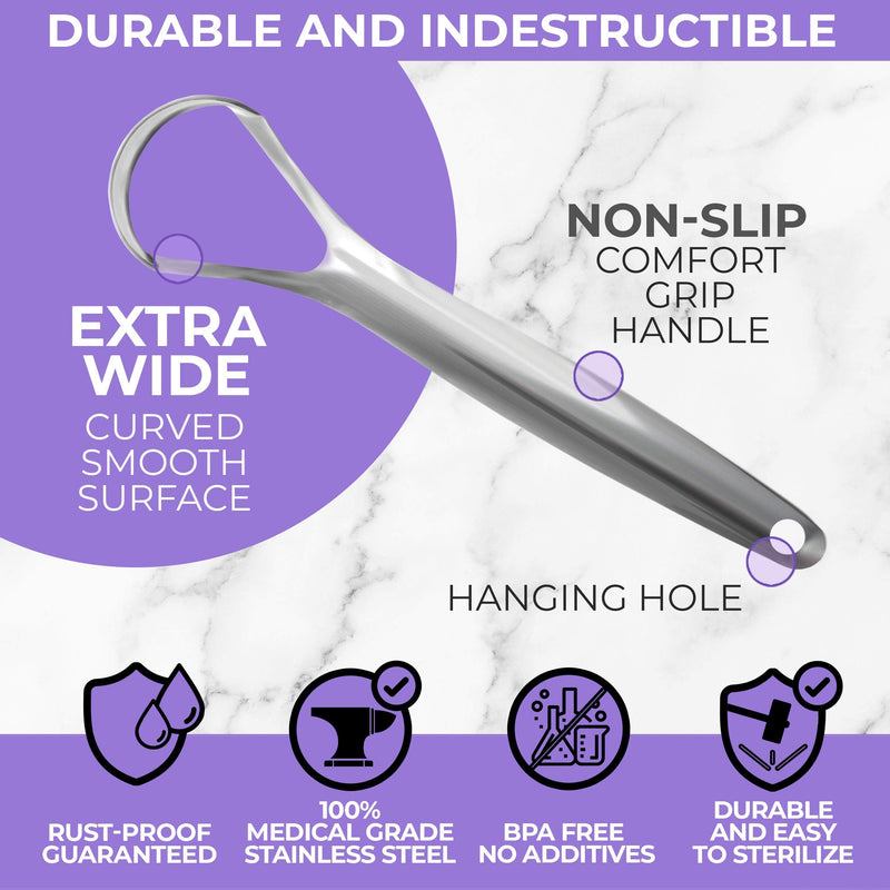 Tongue Scraper (2 Pack), Reduce Bad Breath (Medical Grade), Stainless Steel Tongue Cleaners, 100% Metal Tongue Scrapers Fresher Breath in Seconds 2 Count (Pack of 1)