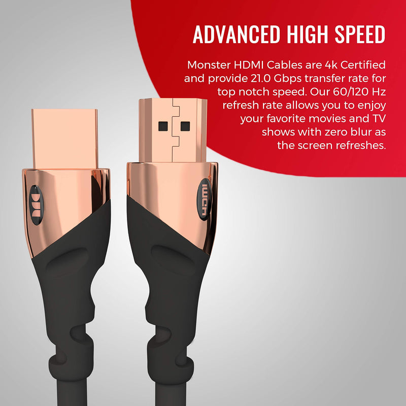Monster HDMI Cable 4k Ultra HD 4ft with Ethernet Cord - 60/120 Hz Refresh Speed - 21Gbps High Definition 1080p Video - Corrosion-Resistant 24k Rose Gold Contacts and V-Grip Connection 4 FT Black