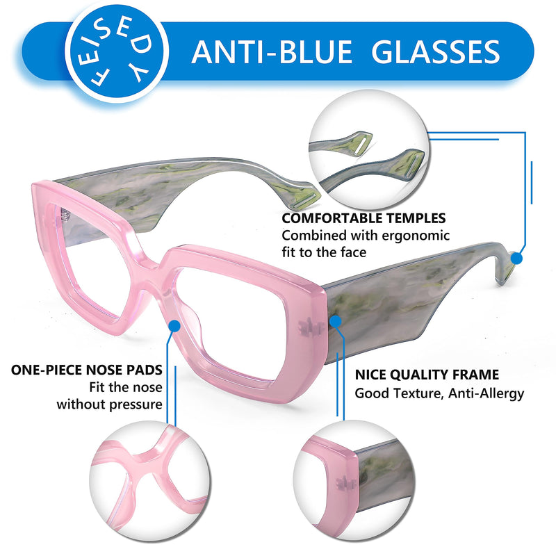 FEISEDY Blue Light Glasses for Women, Oversized Square Thick Frame, Computer Eyeglass Anti Eyestrain B4129 Pink Frame/Green Temple