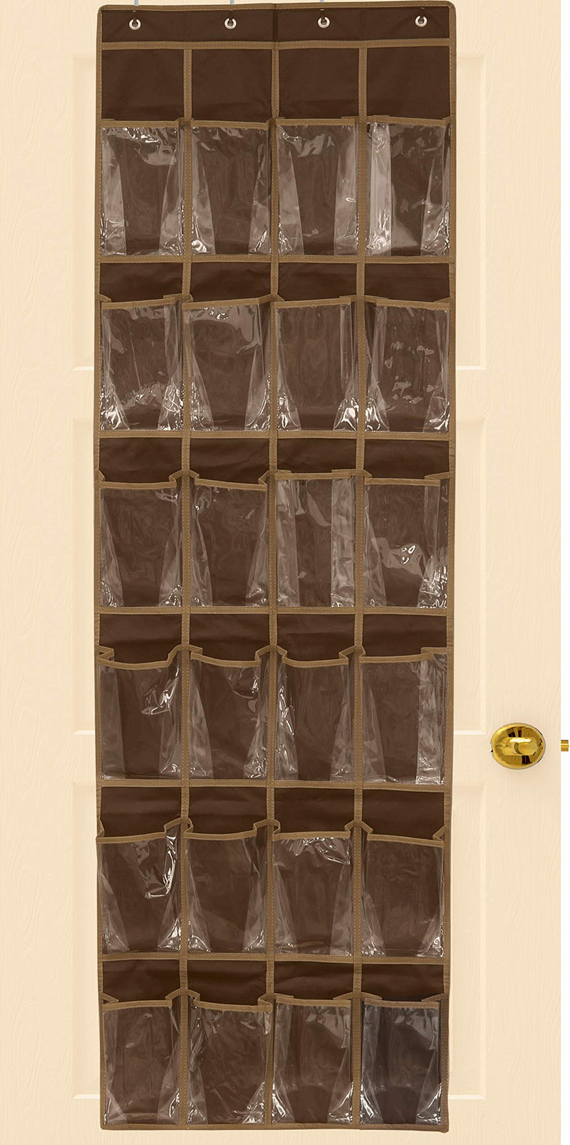 24 Pockets - SimpleHouseware Crystal Clear Over The Door Hanging Shoe Organizer, Brown 24 Clear Pockets