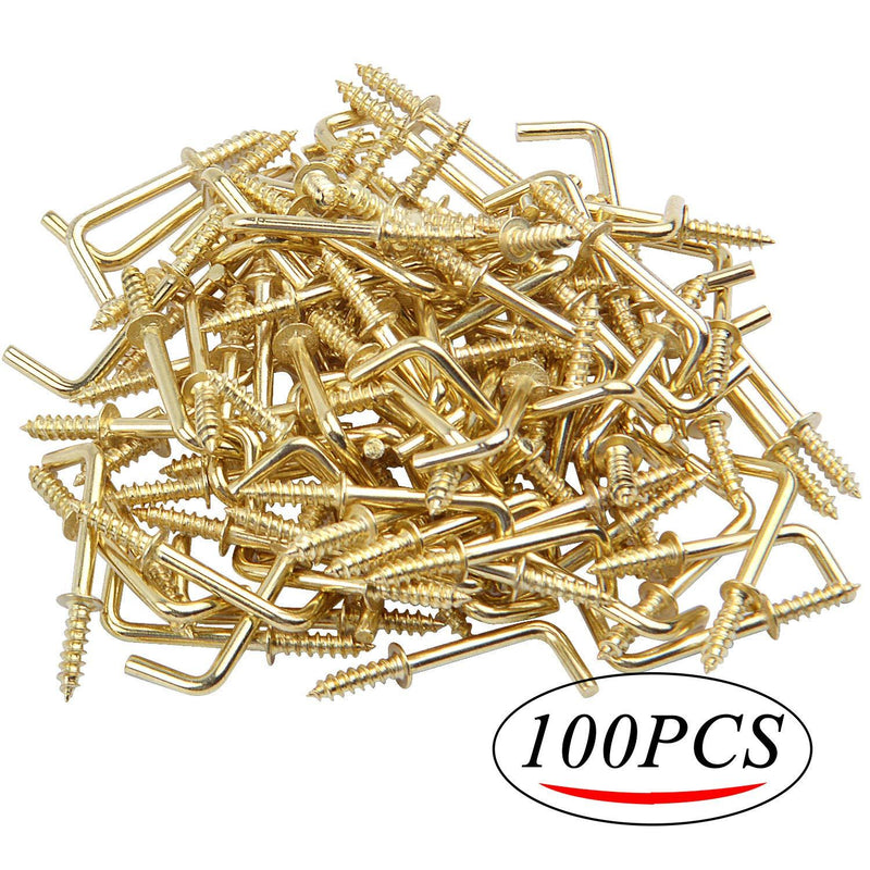 Metal Screw in Hooks, 100pcs 3/4 Inch Right Angle Screw Hooks Square Bend Hooks Self-Tapping Scew Hook for Hanging, Gold