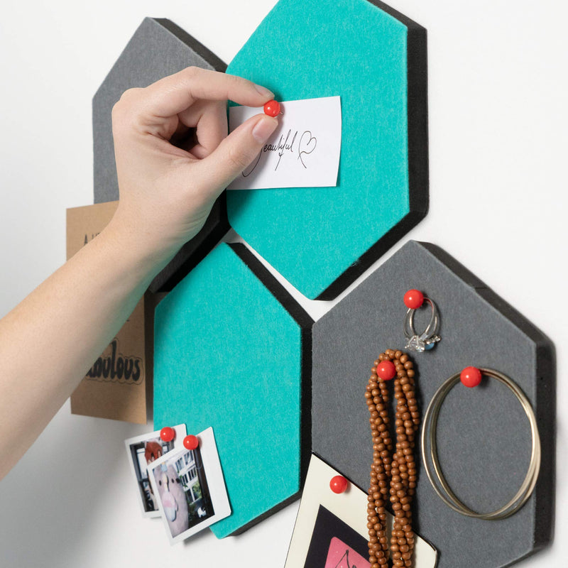 Navaris Hexagon Felt Board Tiles - Set of 12 Notice Memo Bulletin Boards with Push Pins and Double-Sided Tape 5.9" x 6.7" - Dark Gray, Turquoise Dark Grey, Turquoise