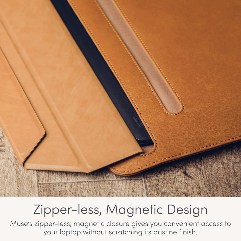 Moshi Muse Laptop Sleeve with Folding Stand for 13" MacBook/Laptop, Ergonomic 15-Degree Convertible Stand, Vegan Leather, Zipper-Less Magnetic Design, Microfiber Inner Lining, Caramel Brown