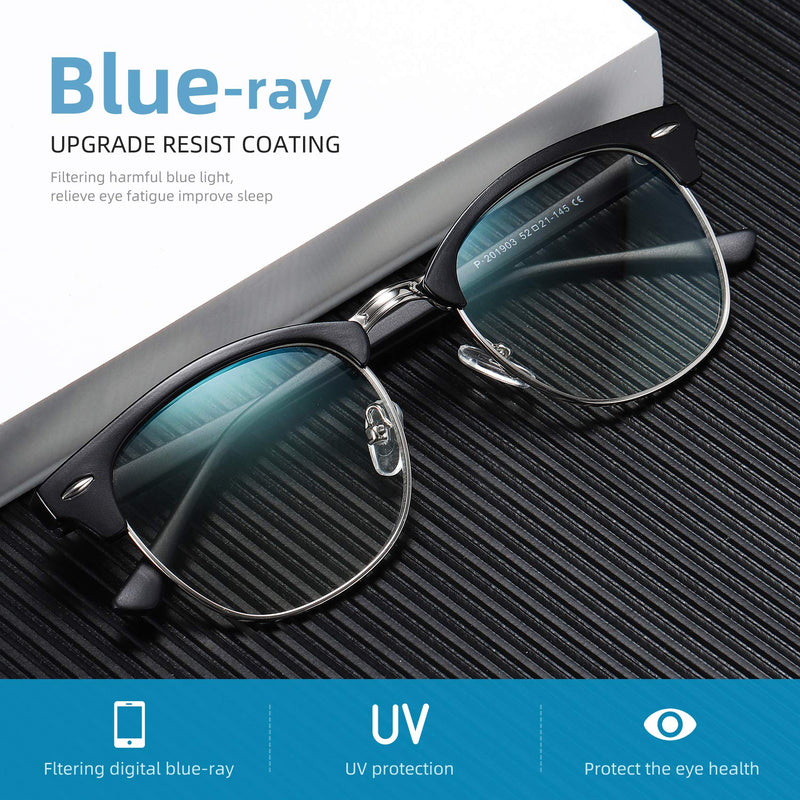 AOMASTE Blue Light Blocking Glasses Retro Semi Rimless UV400 Clear Lens Computer Eyewear For Men Women C2 Matte Black Silver Frame