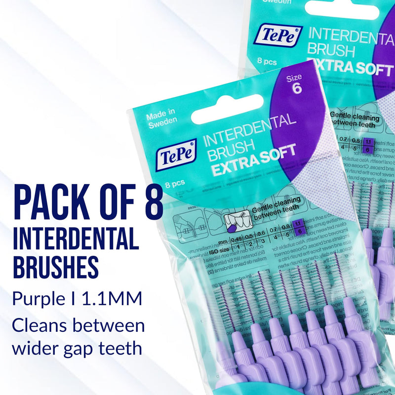 TEPE Extra Soft Interdental Brush Cleaners – Dental Brushes Between Teeth 8 Pk, Purple 1.1mm
