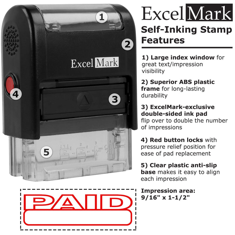 ExcelMark Paid Self Inking Rubber Stamp - Red Ink with 5cc Refill Ink