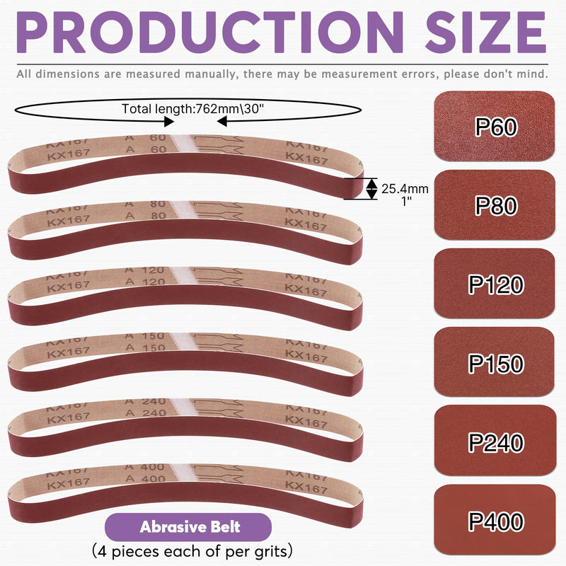 Swpeet 49Pcs 1 x 30 Inch Aluminum Oxide Sanding Belts (60/80/120/150/240/400 Grits) with 5 Inch No-hole Back Flocking Sanding Disc (80/100/120/180/240/400 Grits) and Cleaning Eraser