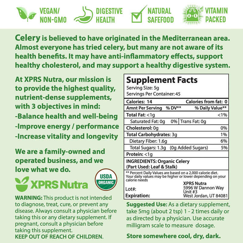 XPRS Nutra Organic Celery Powder - Celery Organic Fresh Powder Antioxidant - Premium Celery Powder Organic - Vegan Friendly Celery Fresh Powder (8 Ounce) 8 Ounce (Pack of 1)