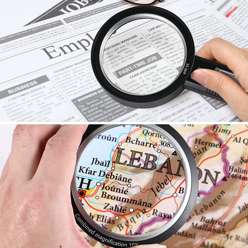Magnifying Glass with Light, USB Rechargeable 5X 10X 15X Handheld Large Double Lens Loupe Magnifier with 8 Light for Macular Degeneration, Seniors Reading, Inspection, Map, Coins, Jewelry, Exploring