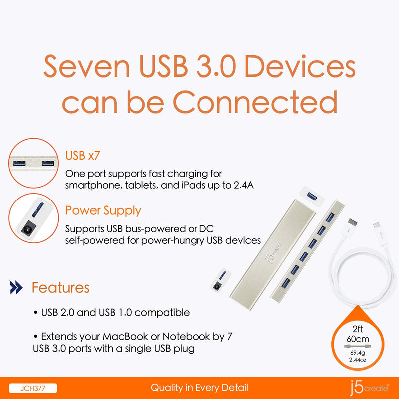 j5create USB Type-C to 7-Port USB 3.0 Data Hub with 3 ft Extended Cale [20W Power Adapter Included] for Mac, MacBook, Windows, Laptop, Surface, XPS, Chromebook, PC (JCH377)