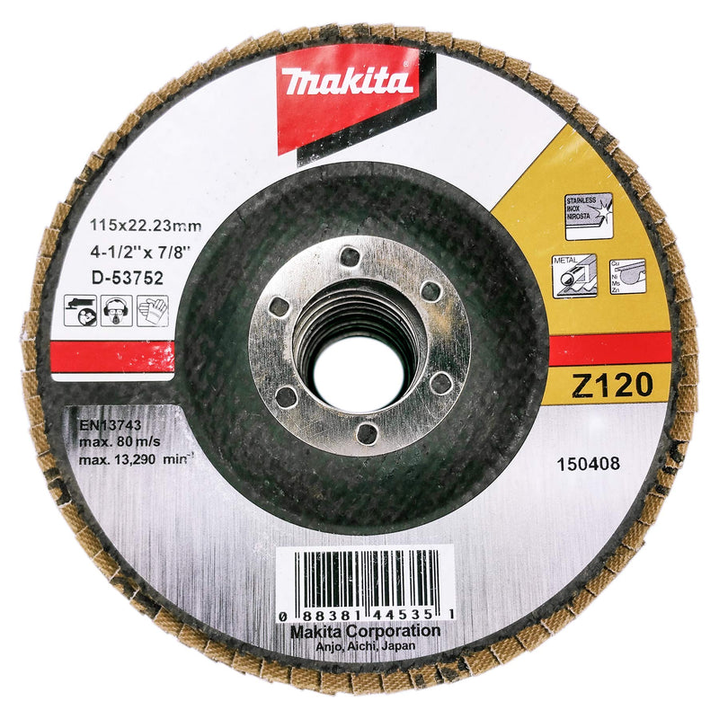 Makita 10 Pack - 120 Grit Flap Disc For Grinders - Fine Conditioning For Metal, Stainless Steel & Non-Ferrous - 4-1/2" x 7/8-Inch | Z120 Angled 10 Pack | Ultra Fine Finish