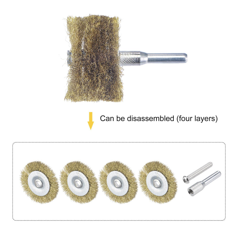 uxcell Wire Wheel Brush, 2" x 1.06" Stainless Steel Brass Plated Coarse Crimped Wire 0.007" (0.175mm) Wire Dia with 1/4" (6mm) Shank for Cleaning Rust Stripping Abrasive, 5pcs