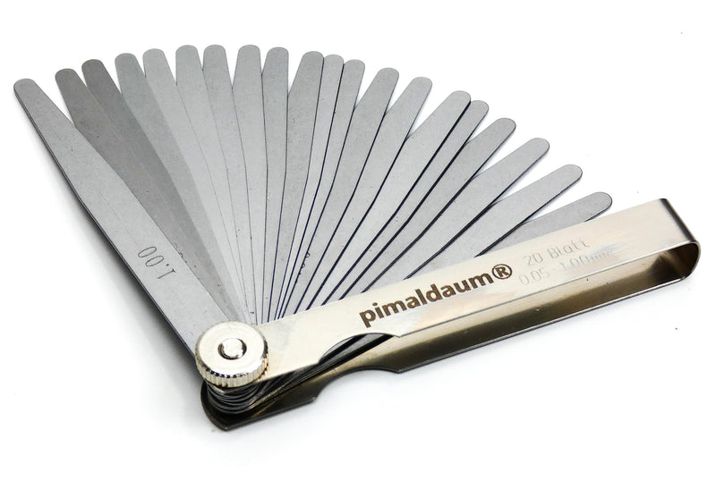 PIMALDAUM® feeler gauge 20 blades, 0.05-1.00 mm, according to DIN 2275, manganese steel for simple and precise measurement and testing of gap widths, thicknesses and distances/gaps