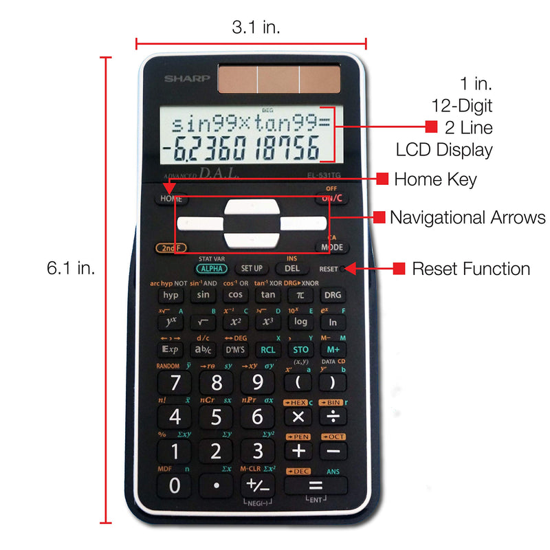 Sharp EL-531TGBBW 12-Digit Scientific/Engineering Calculator with Protective Hard Cover, Battery and Solar Hybrid Powered LCD Display, Great for Students and Professionals, Black,Black and White Black and White