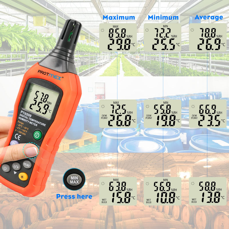 Protmex PT6508 Temperature Humidity Meter Thermometer Hygrometer with Ambient,Dew Point, Wet Bulb for Indoor and Outdoor, Min/Max Hold, LCD Backlight