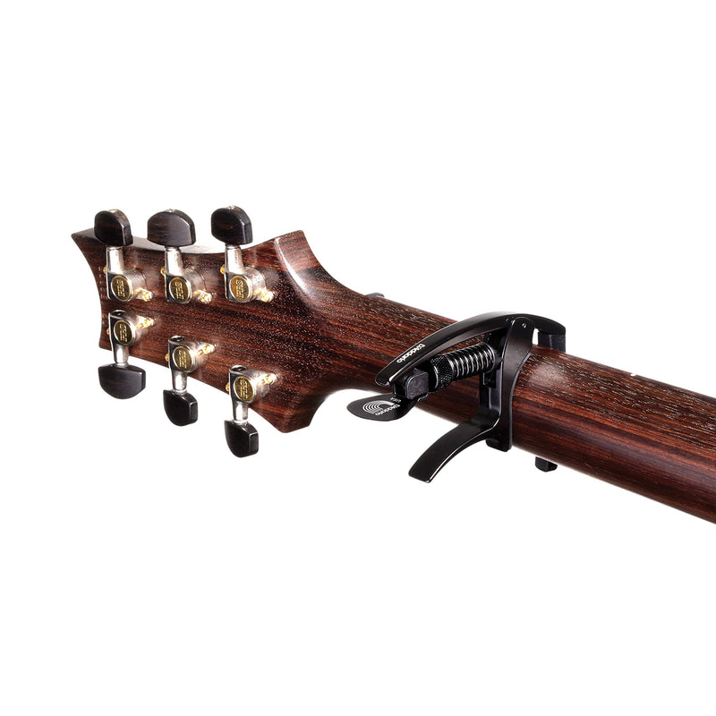 Dâ€™Addario NS Tri-Action Capo, Black â€“ For 6-String Electric and Acoustic Guitars â€“ Micrometer Tension Adjustment for Buzz-Free, In-Tune Performance - Single Hand Use â€“ Integrated Pick Holder