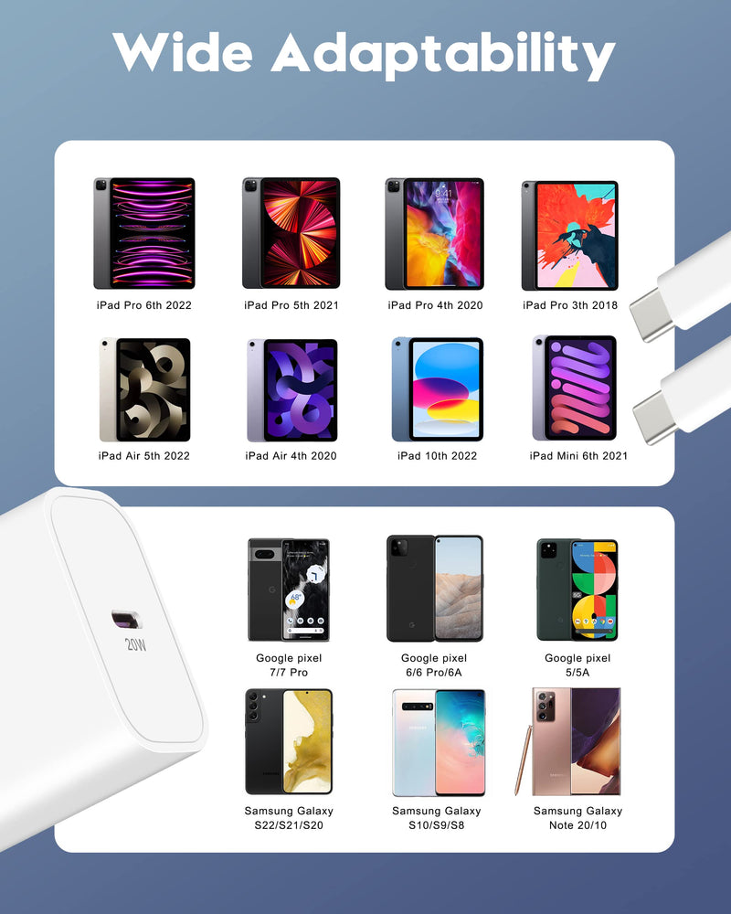 20W Apple USB C Fast Charger for iPad Pro 12.9/11 inch 2022/2021/2020/2018, iPad Air 5th/4th, iPad 10th Generation/Mini 6, 2Pack Type C Fast Wall Charger Block with 10FT Long USB C to C Charging Cable 10FT iPad charger 2Pack
